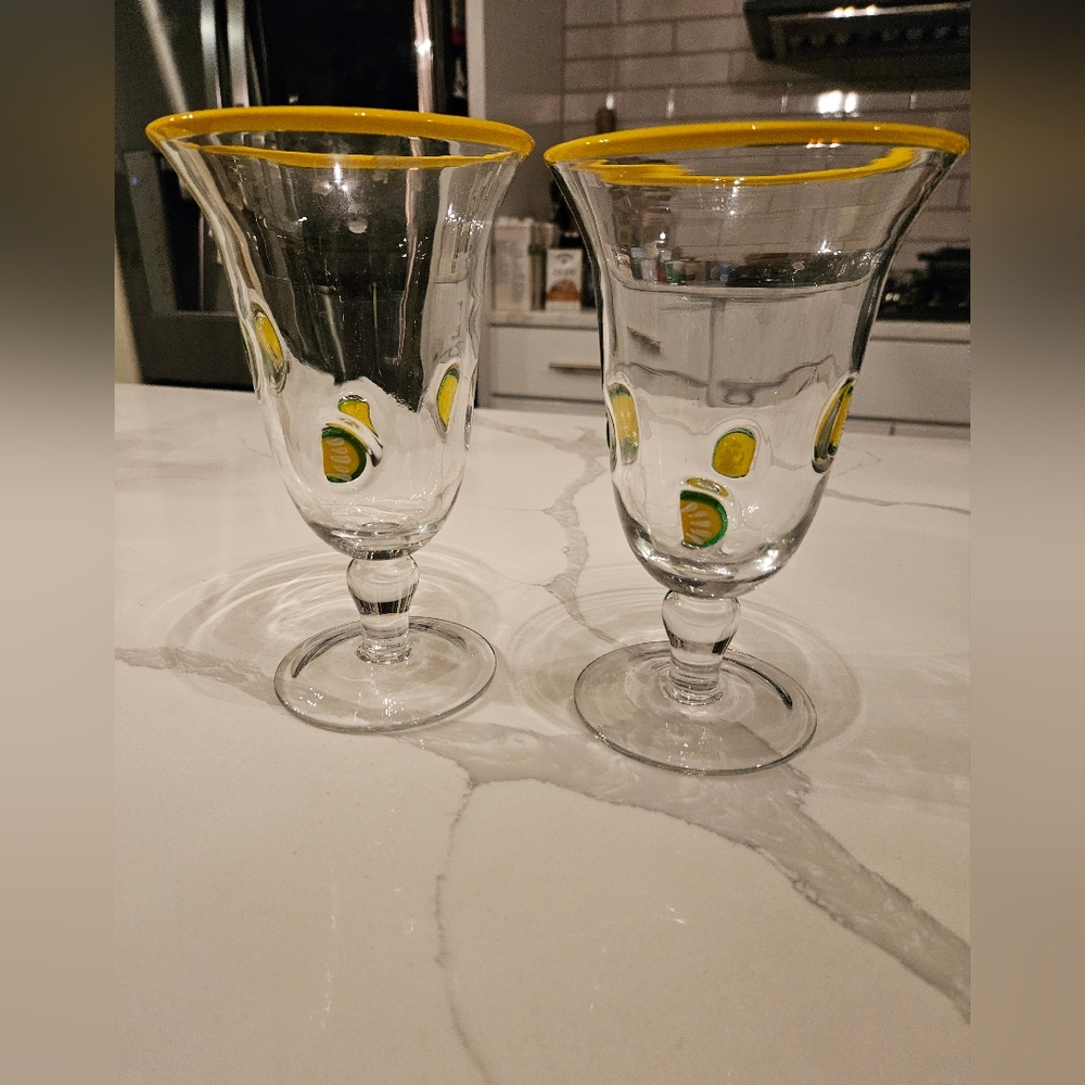Pair of Hand Blown Glass Lemon Iced Tea Footed Glasses 17 oz. ARTLAND MCM